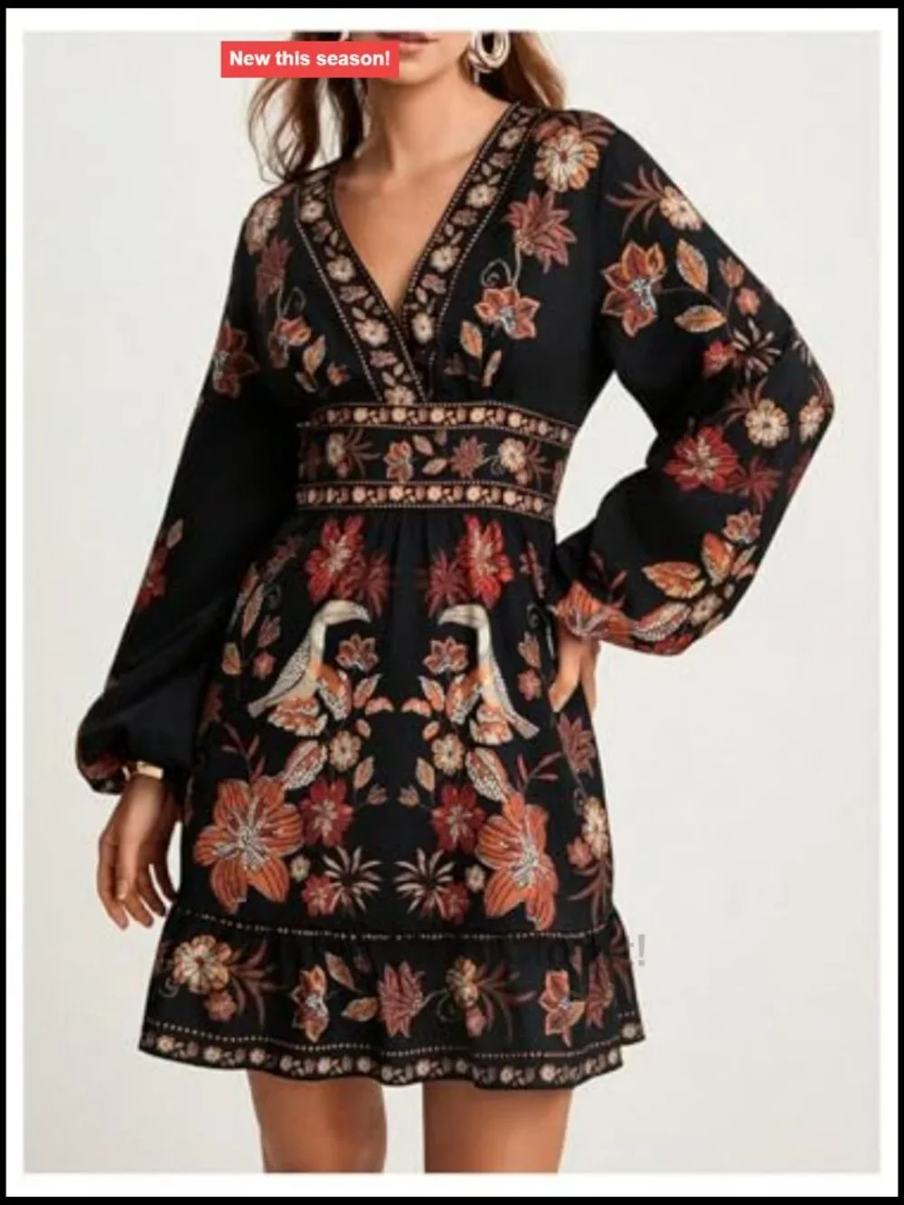 Women's Boho Floral Mini Dress V Neck Long Sleeve High Waist Fit & Flare